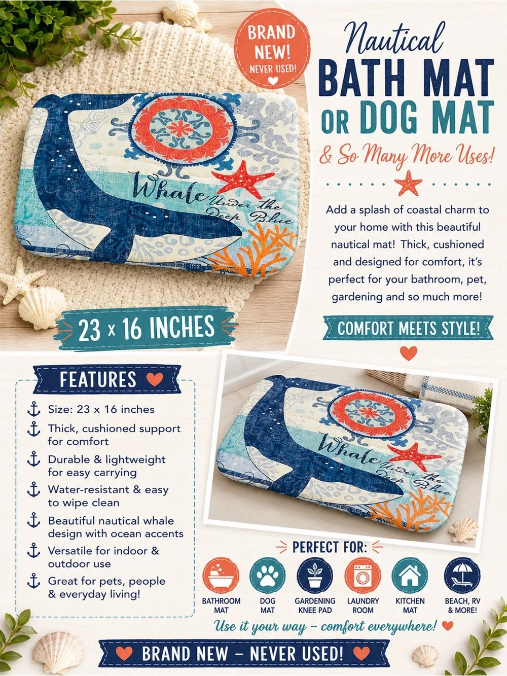 Bath mat Nautical Whale Blue Bath Mat
